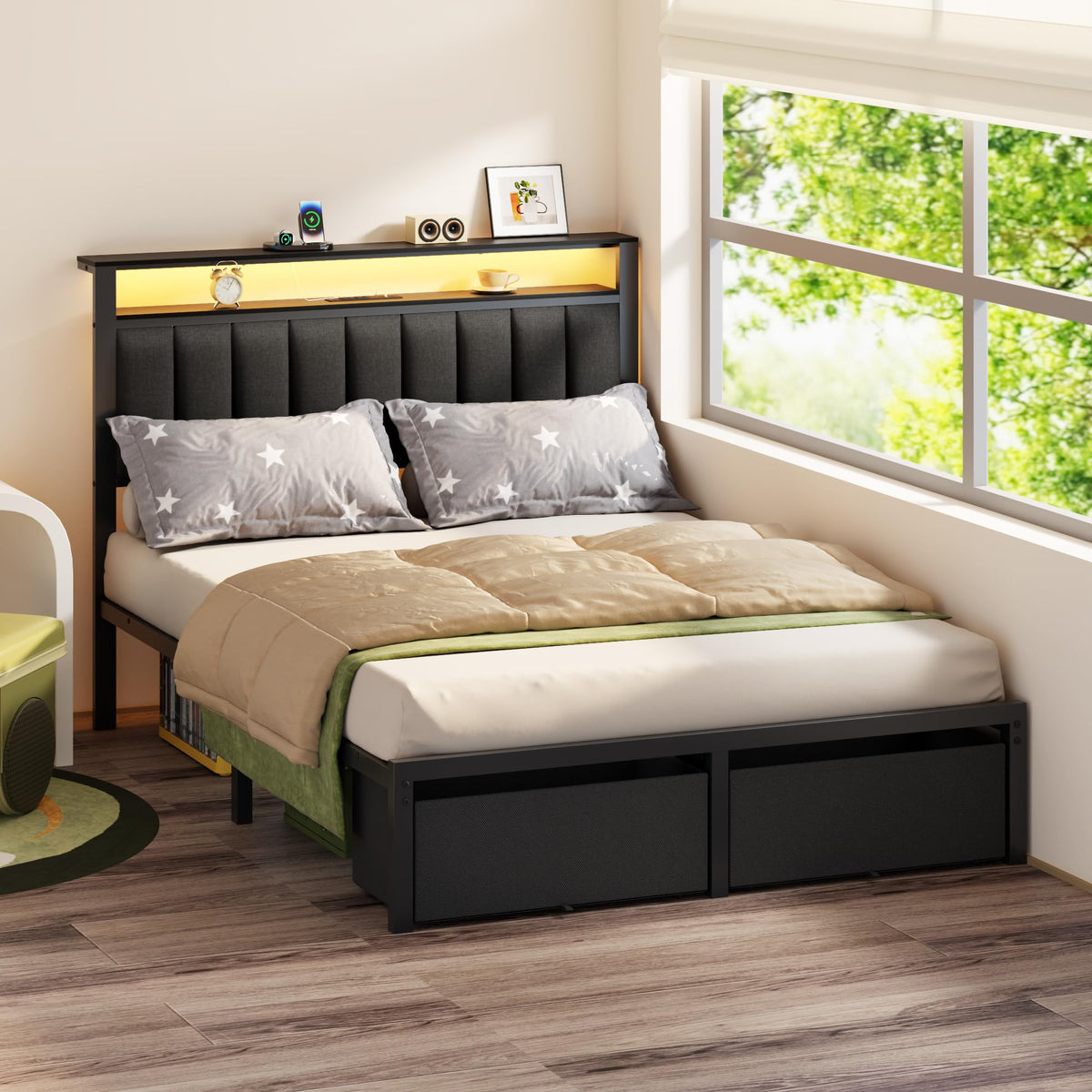 Full Size Bed Frame with Storage Drawers and Upholstered Headboard Y692758