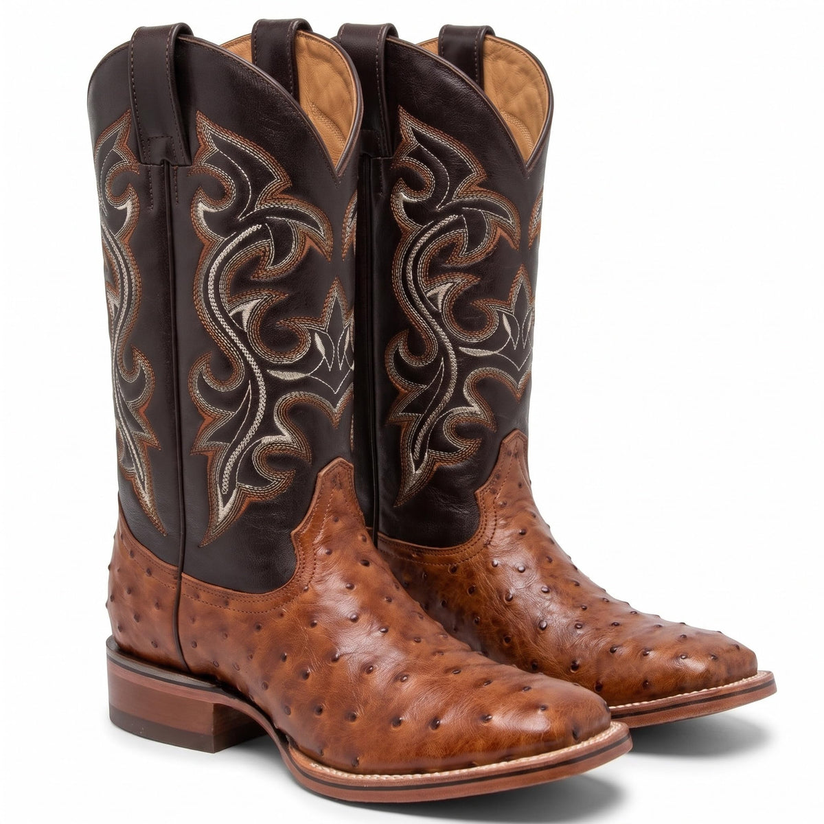 Genuine Cowhide Leather Ostrich Print Square Toe Western Boots R455524