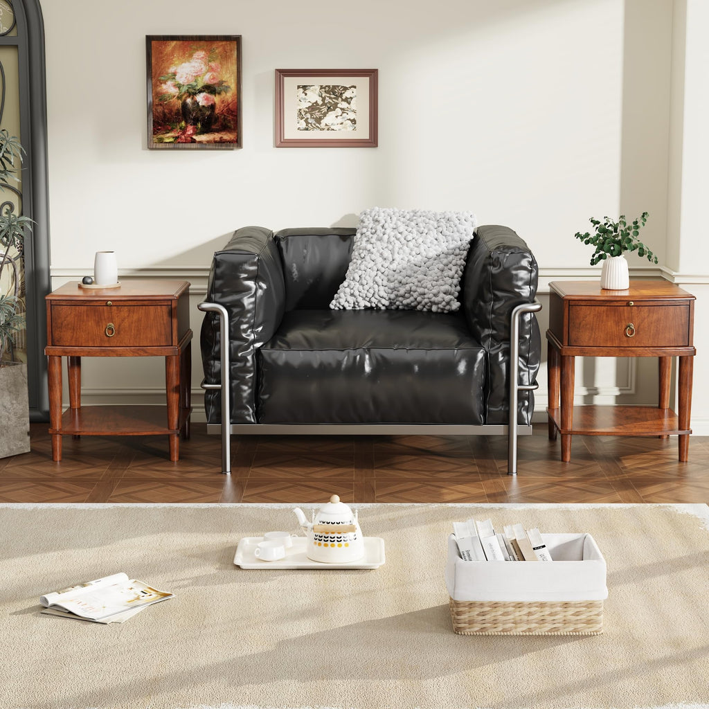 Large Cherry Wood 2-Tier Side Table with Drawer and Shelf M877655