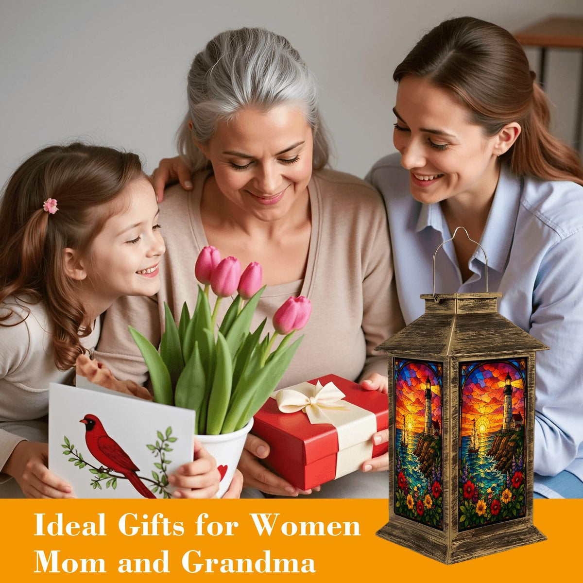 Solar Lantern Outdoor Waterproof Stained Glass Effect LED Hanging Tabletop Lamp I943