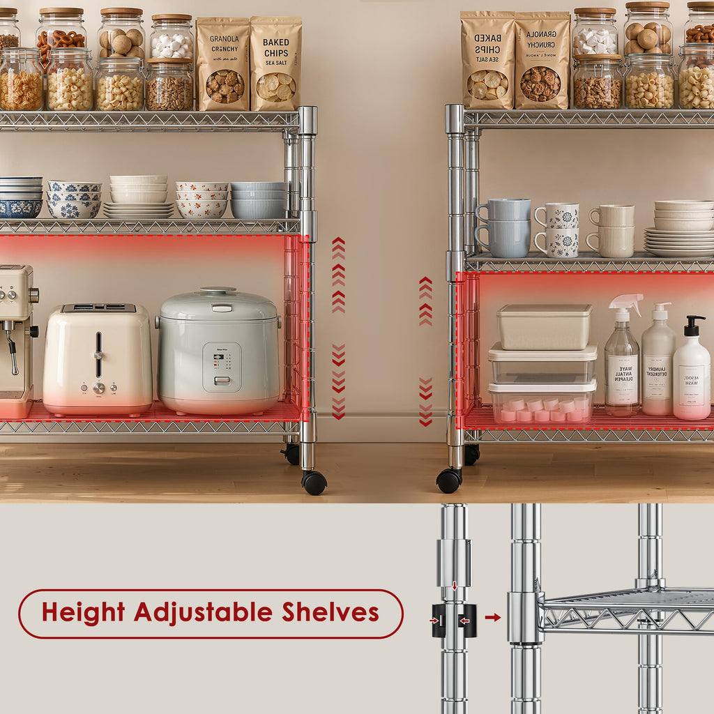 Heavy Duty 3-Shelf Chrome Steel Shelving Unit with Wheels H483