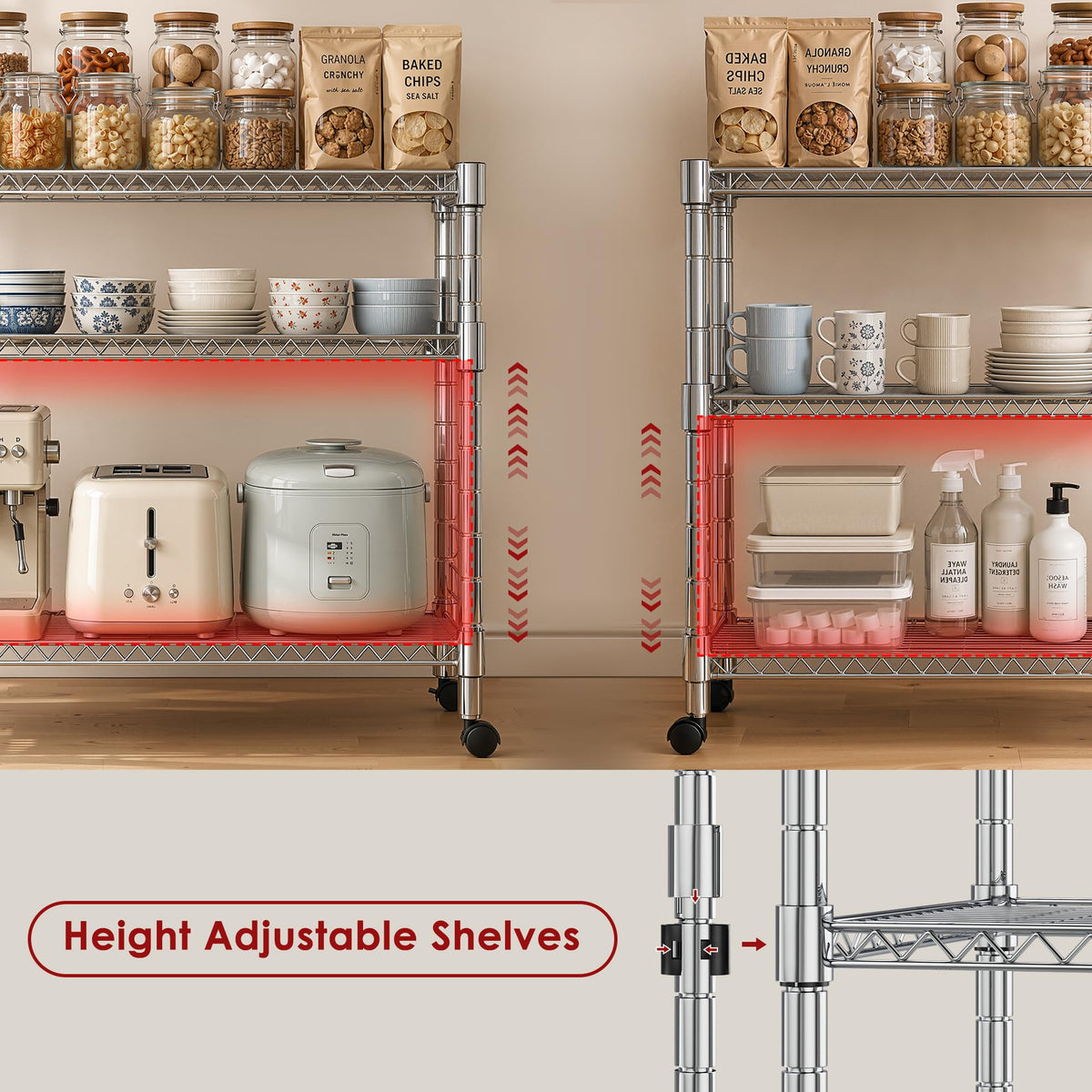 Heavy Duty 3-Shelf Chrome Steel Shelving Unit with Wheels H483
