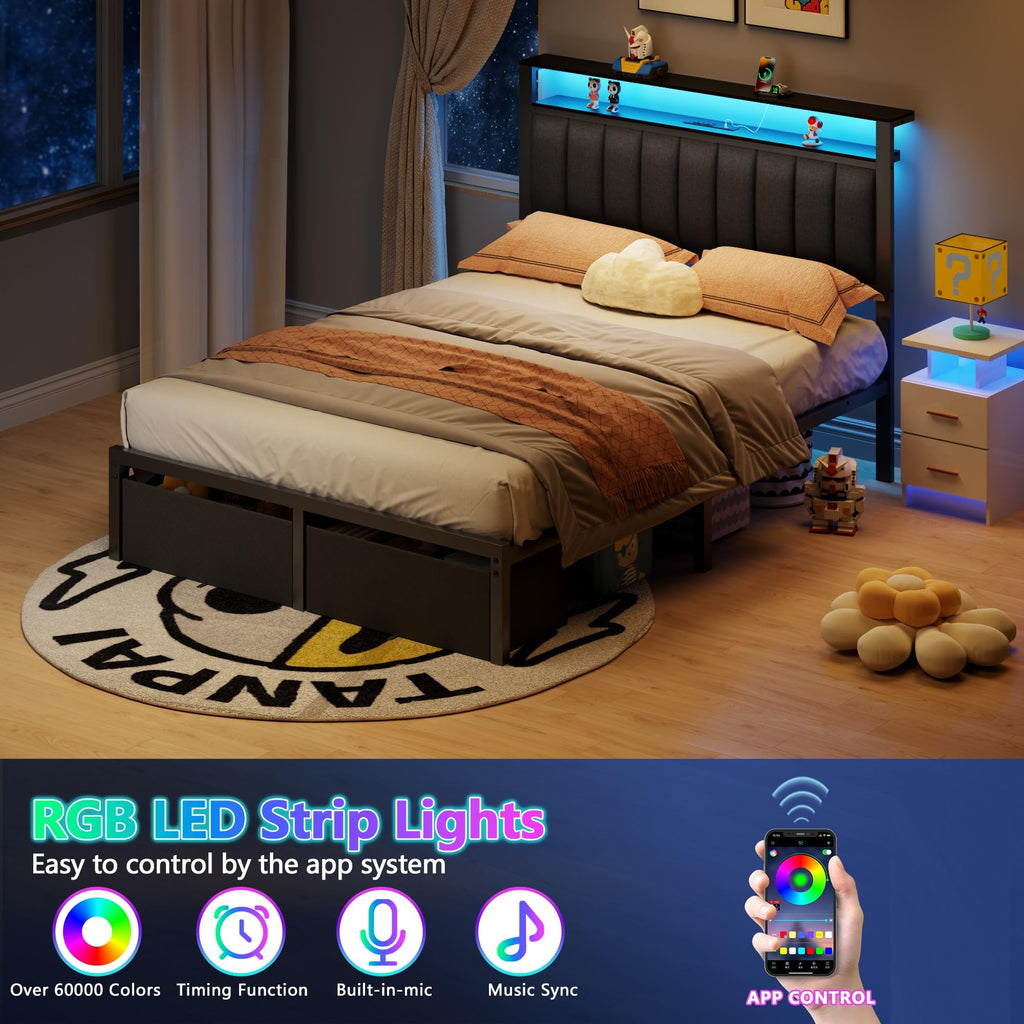 Full Size Bed Frame with Storage Drawers and Upholstered Headboard Y692758