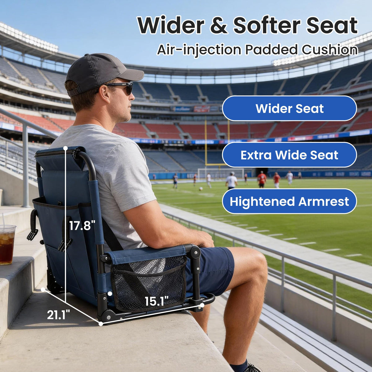 Portable Stadium Seat with Cup Holders & Armrests, Blue & Gray L428500