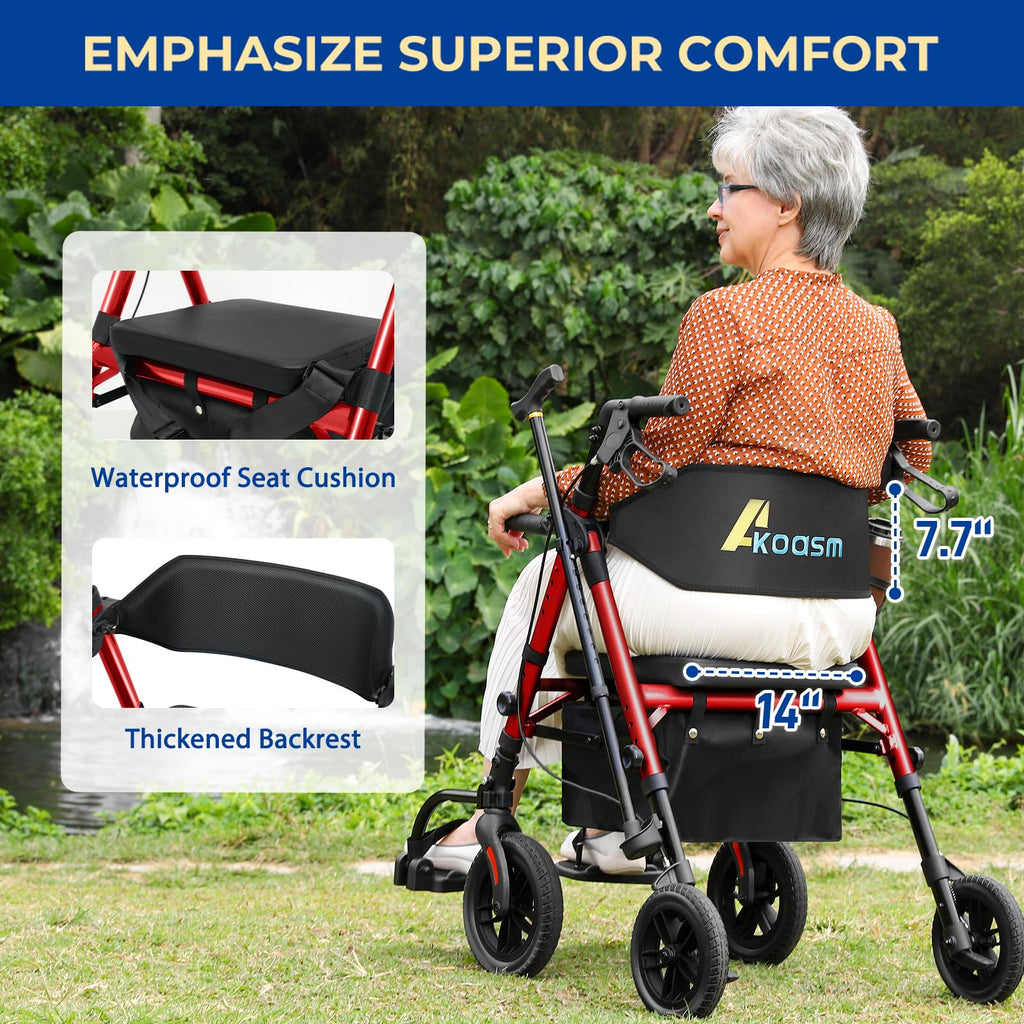 Foldable Rollator Walker with Seat, 2 in 1 Wheelchair Combo, Red F613582