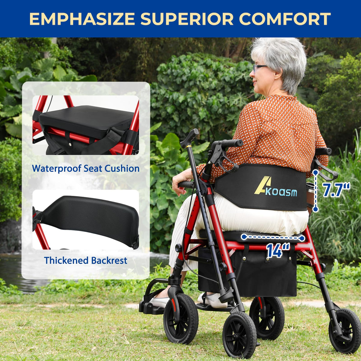 Foldable Rollator Walker with Seat, 2 in 1 Wheelchair Combo, Red F613582