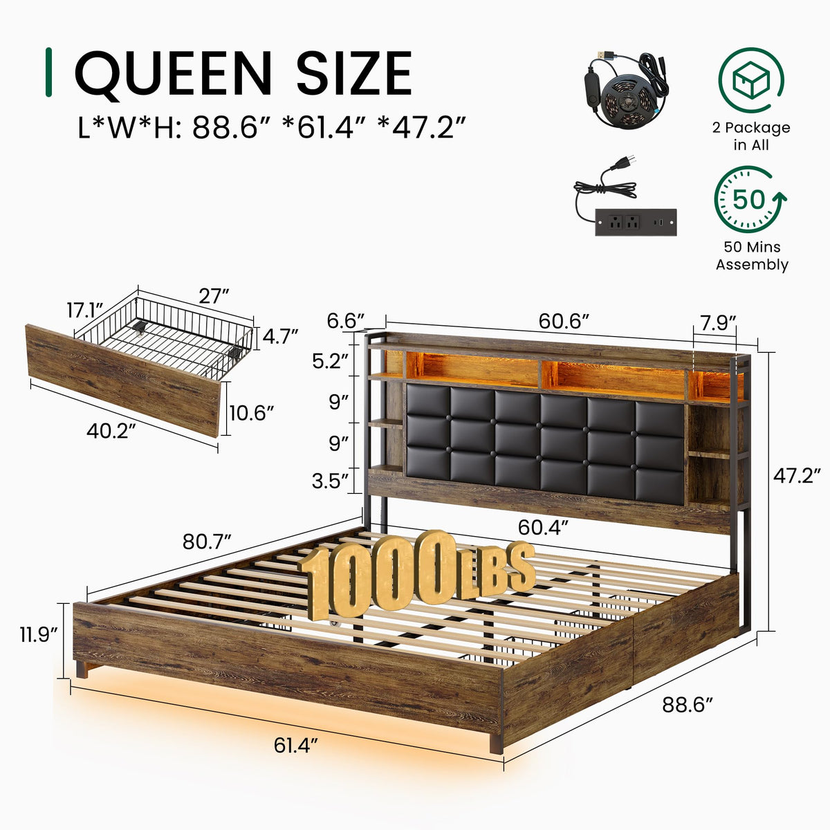 Queen Size Wooden Bed Frame with Storage Drawers W77854