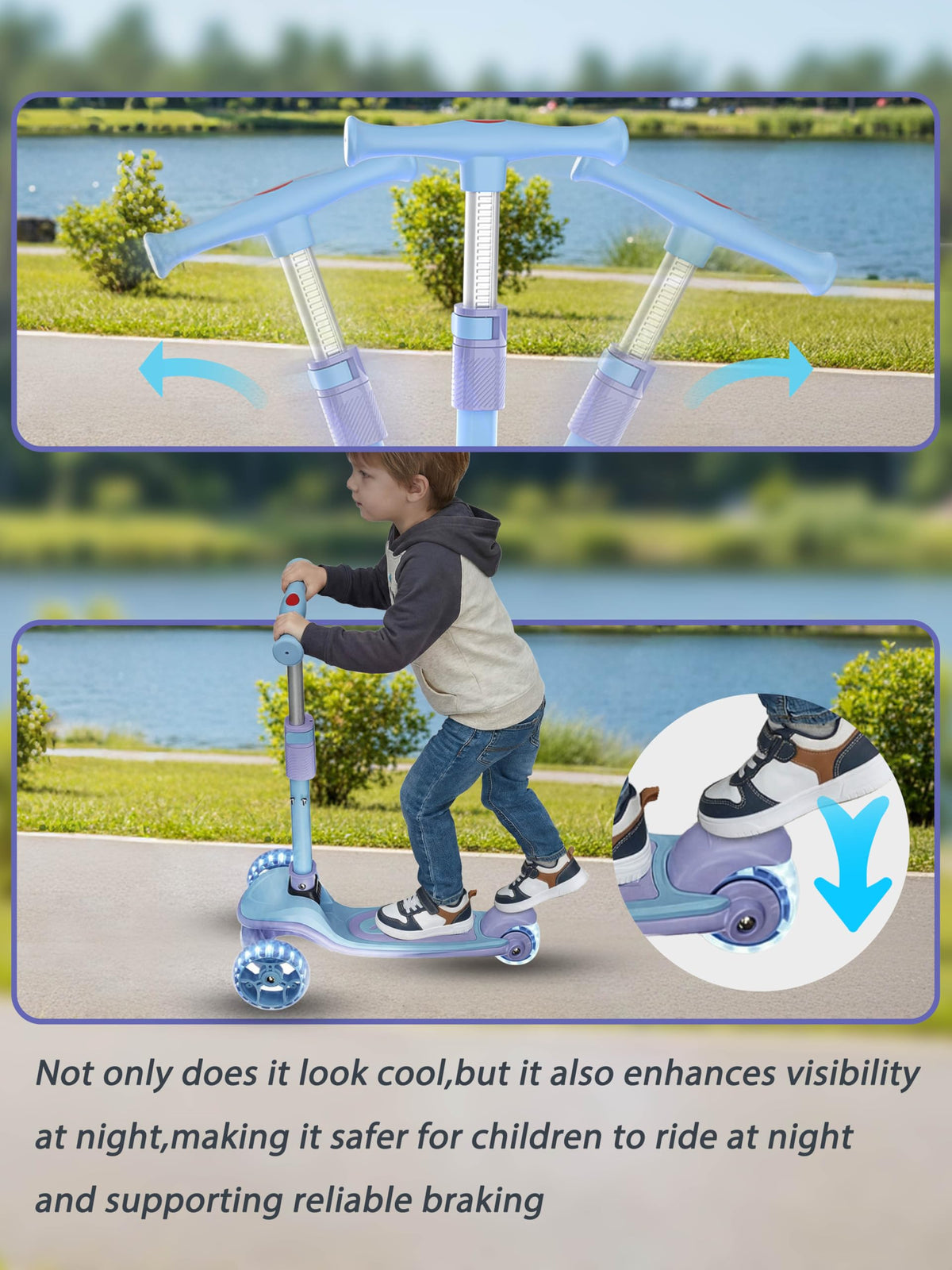 2-in-1 Folding Kick Scooter with Removable Seat and 3 PU Light-Up Wheels T1174