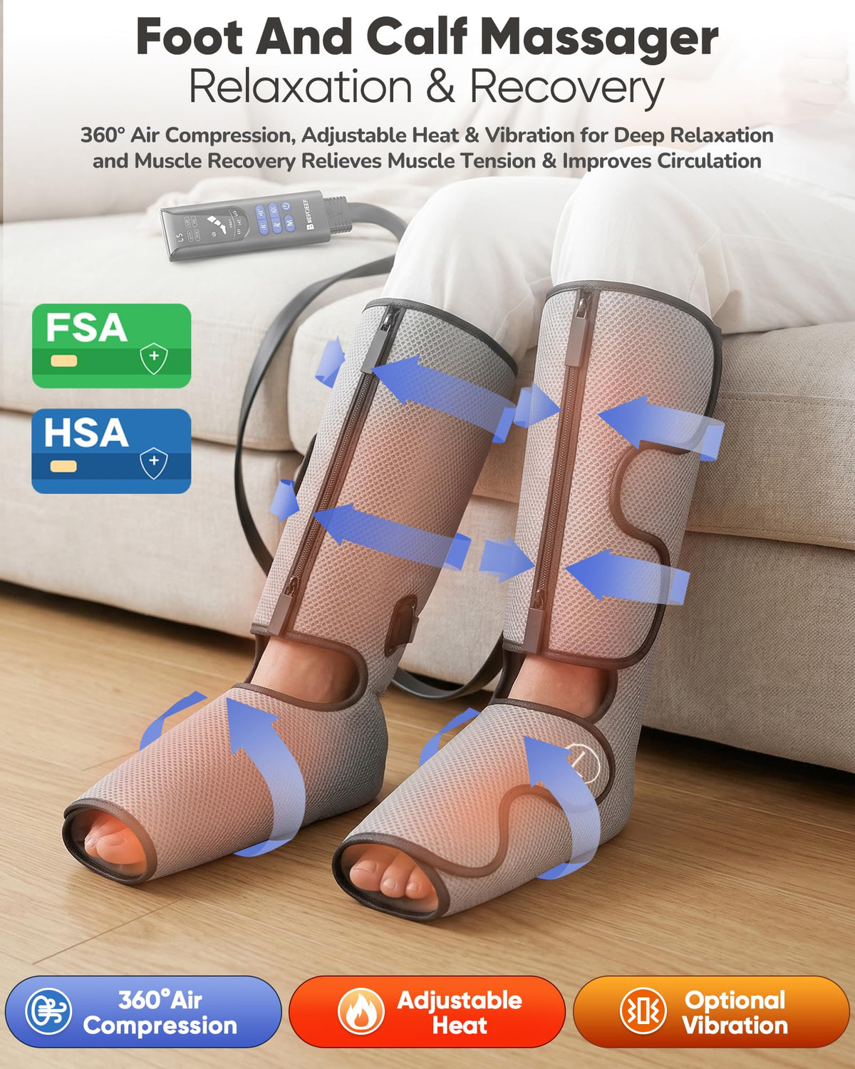 Air Compression Leg Massager with Heat, Foot and Calf Massager, 9 Intensity, 4 Modes, 3 Heating O5113