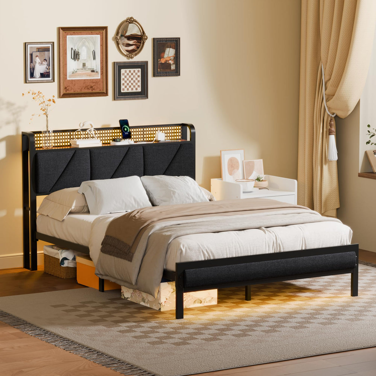 Full Size Bed Frame with Storage Shelf and Upholstered Headboard S90964