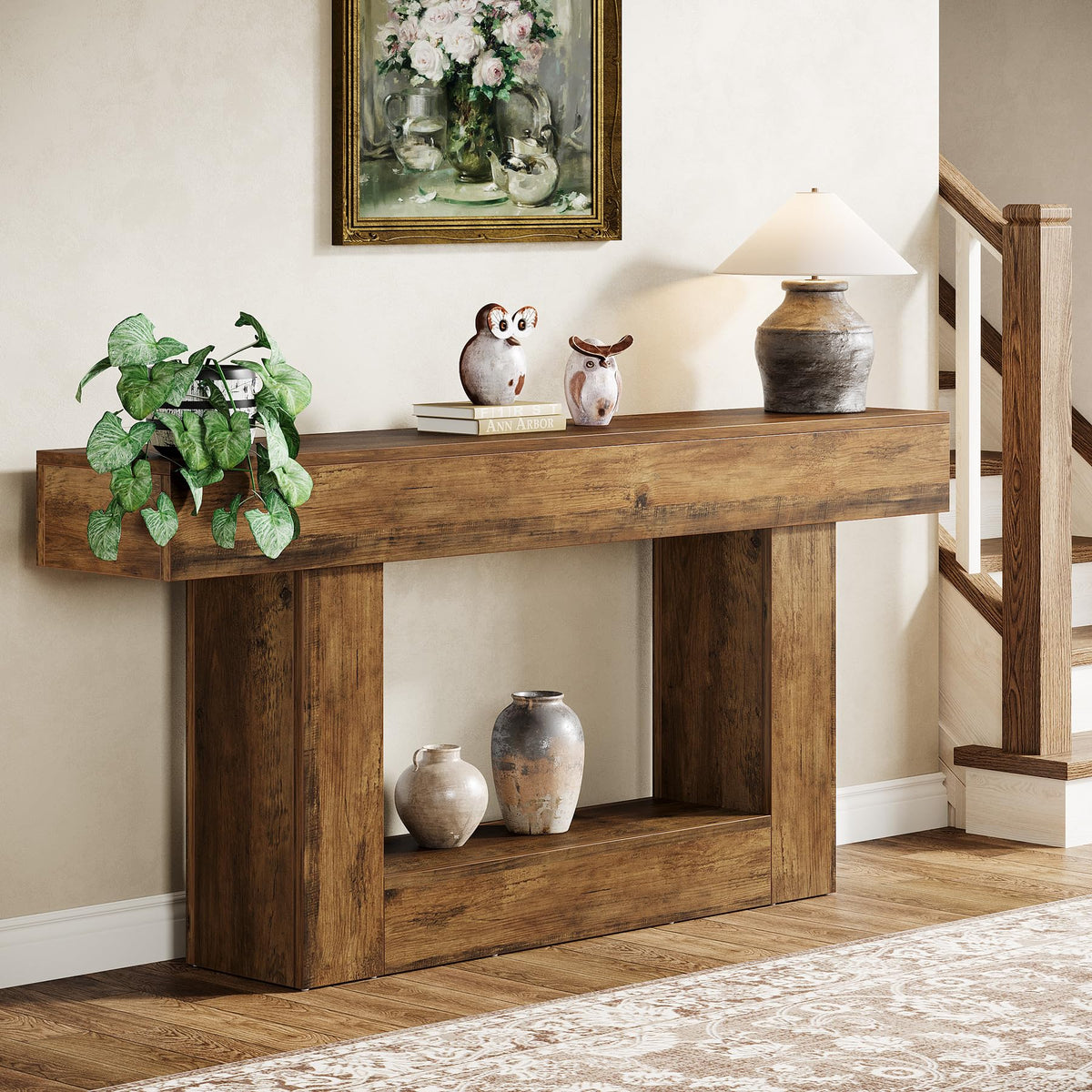 63" Farmhouse 2-Tier Console Table with U-Shaped Base M15673