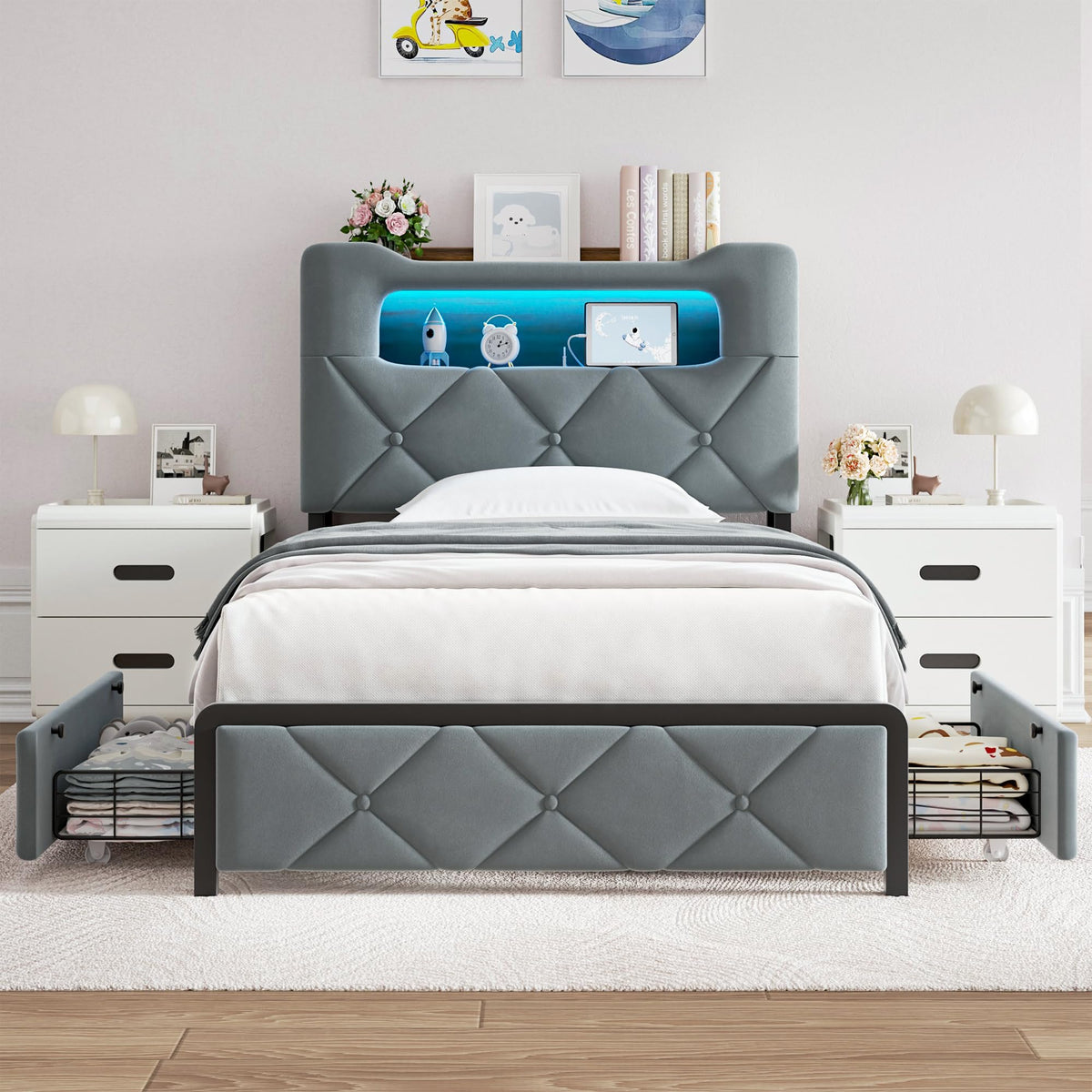 Twin Upholstered Velvet Platform Bed Frame with 2 Storage Drawers C3030