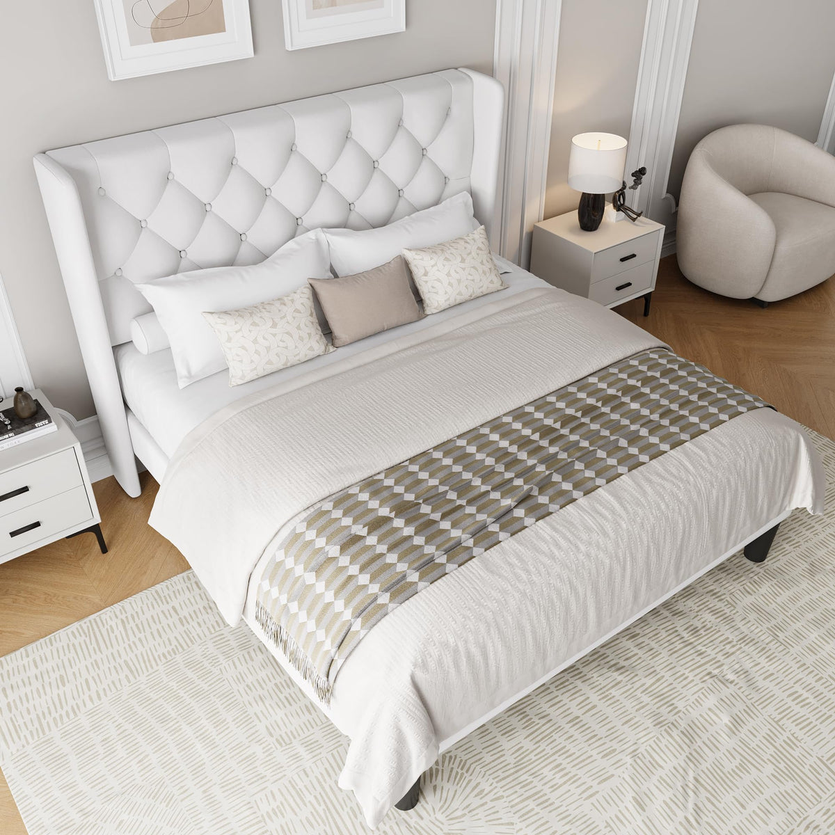 Queen Size Velvet Upholstered Platform Bed Frame with Wingback Headboard S27932