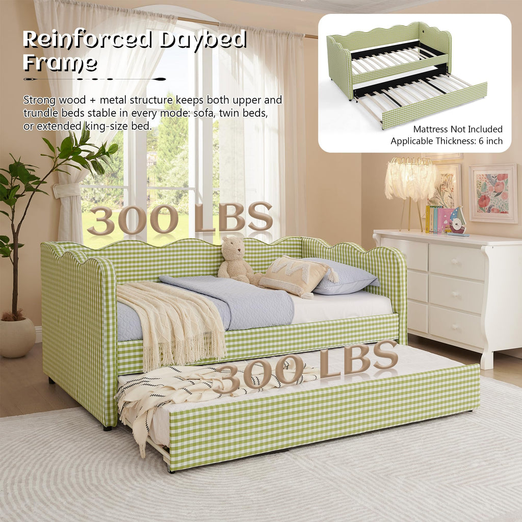 Twin Gingham Upholstered Daybed with Pop Up Trundle Bed O401