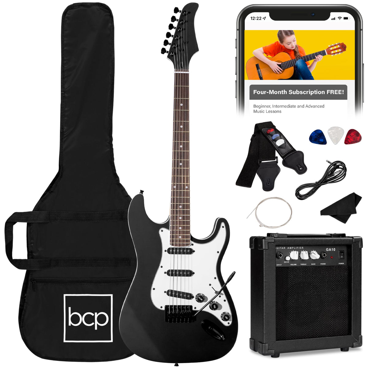 39in Full Size Beginner Electric Guitar Starter Kit with Case, Amp, Strings, Pick - Jet Black J84457