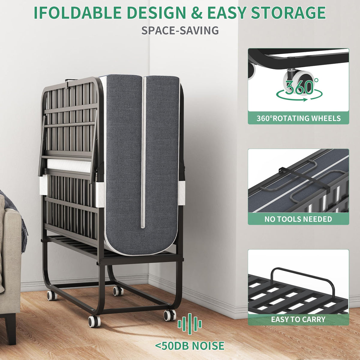 Folding Bed with Mattress, 5-Inch Memory Foam, 500lbs Capacity, Metal Frame T7881