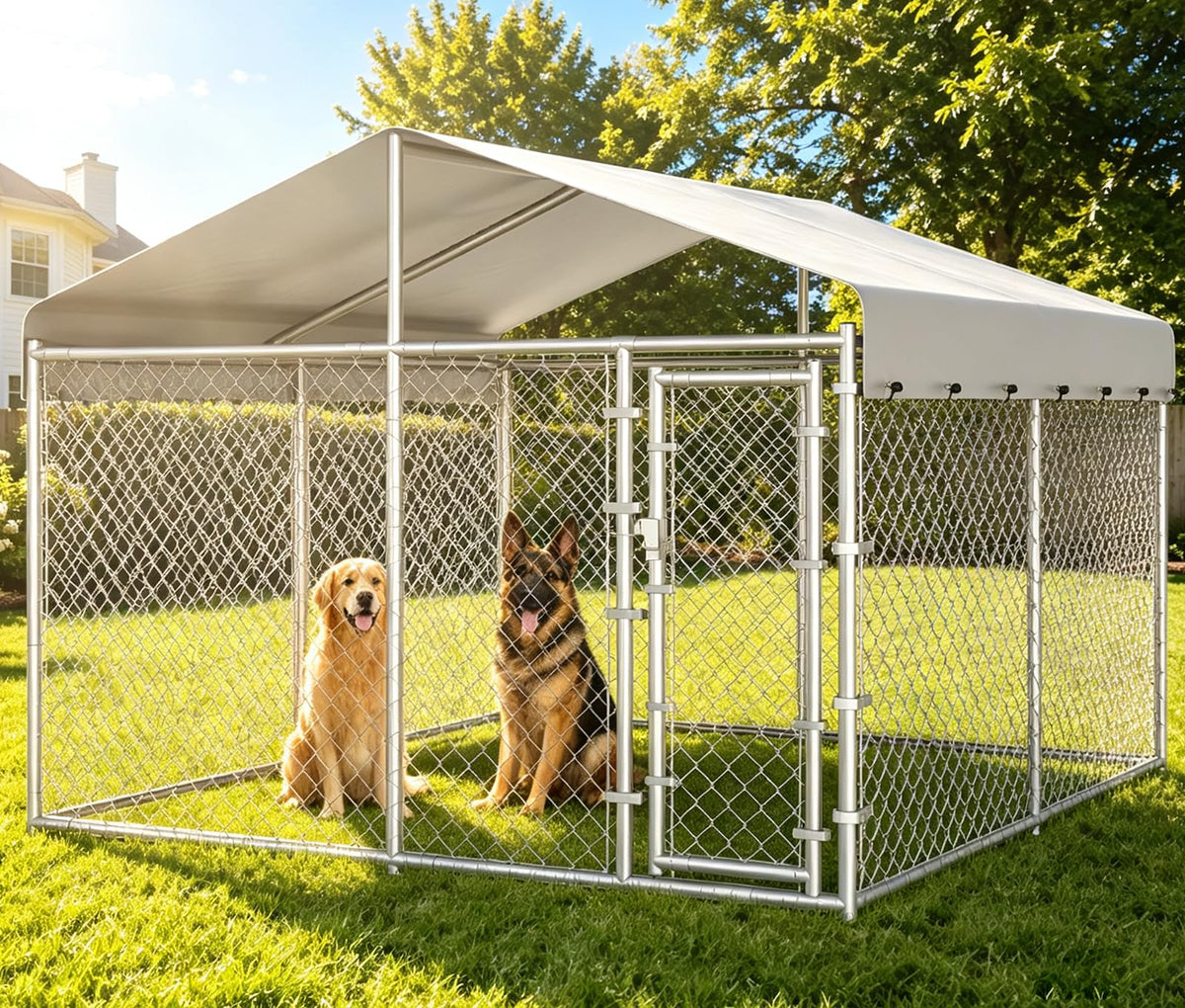 10x10ft Extra Large Heavy-Duty Chain-Link Dog Kennel with Roof C633914
