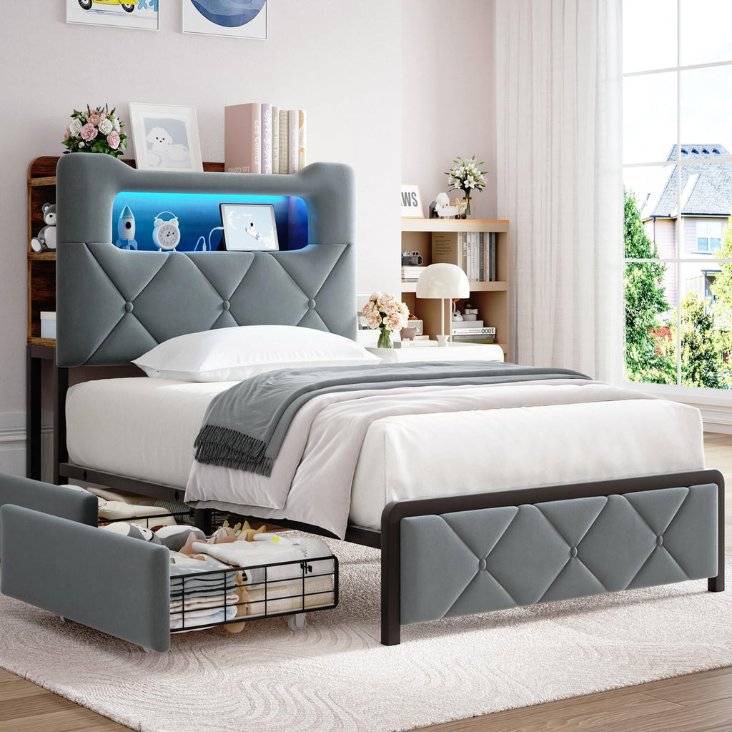 Twin Upholstered Velvet Platform Bed Frame with 2 Storage Drawers C3030