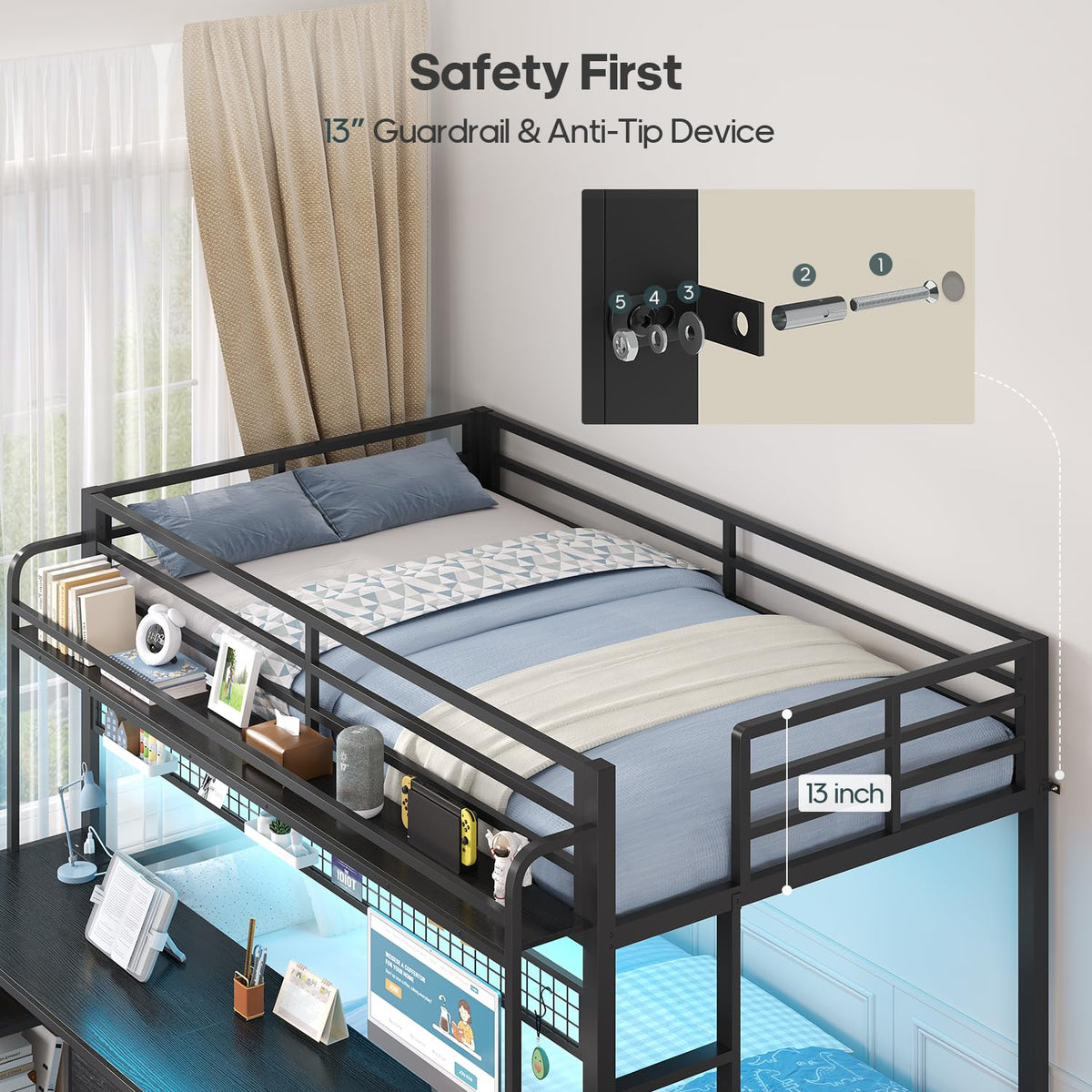 Twin Over Twin Bunk Bed with Desk and LED Lights V414773