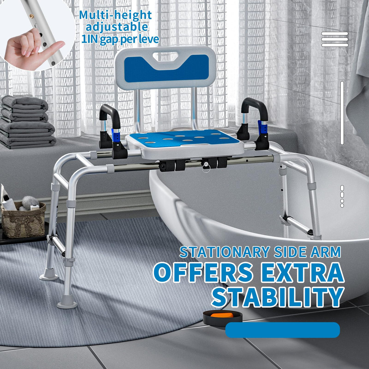 Sliding Shower Chair with Arms and Back, 500lbs Non Slip Aluminum Adjustable Height E67358