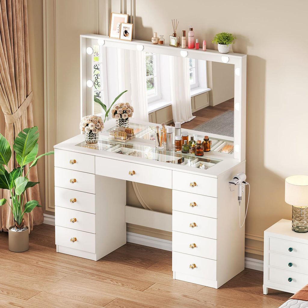White Vanity Desk with Mirror and 10 LED Lights Y454916