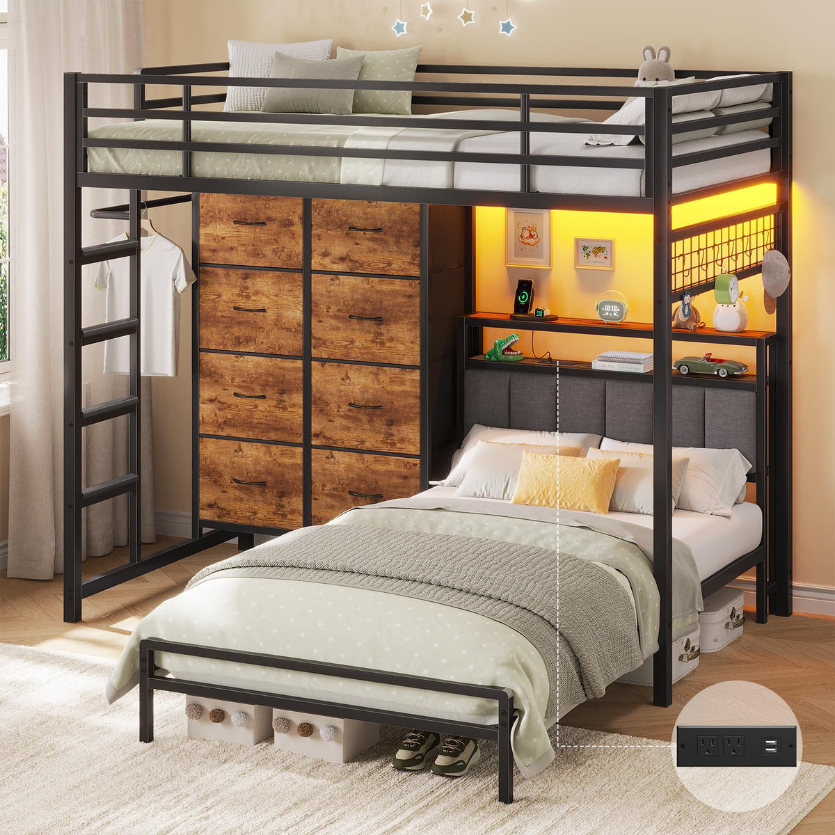 Twin Over Twin Bunk Bed with 8 Drawers and Storage Headboard O879