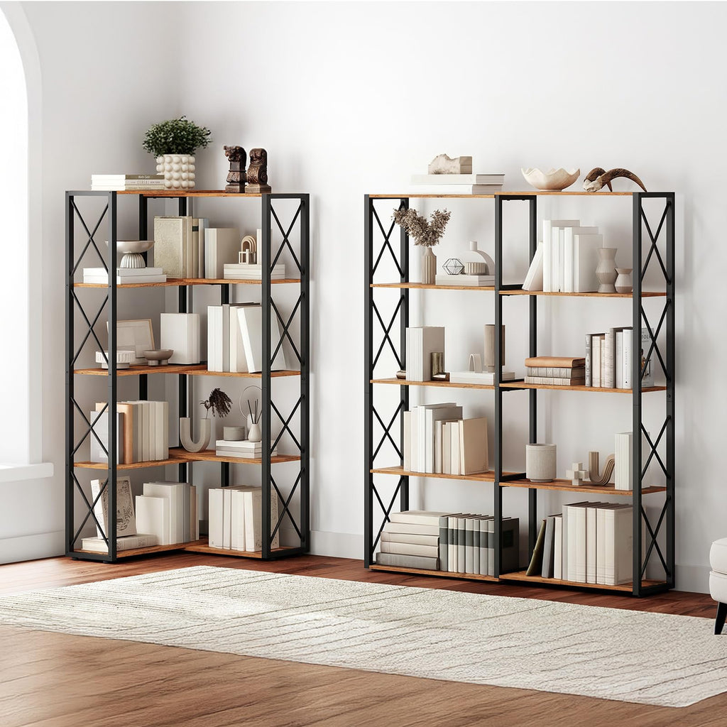 5-Tier Rustic Brown and Black Corner Bookshelf Z7917