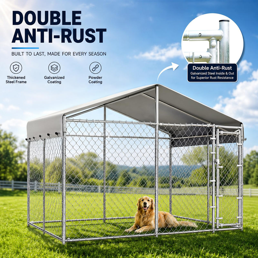 10x10ft Extra Large Heavy-Duty Chain-Link Dog Kennel with Roof C633914