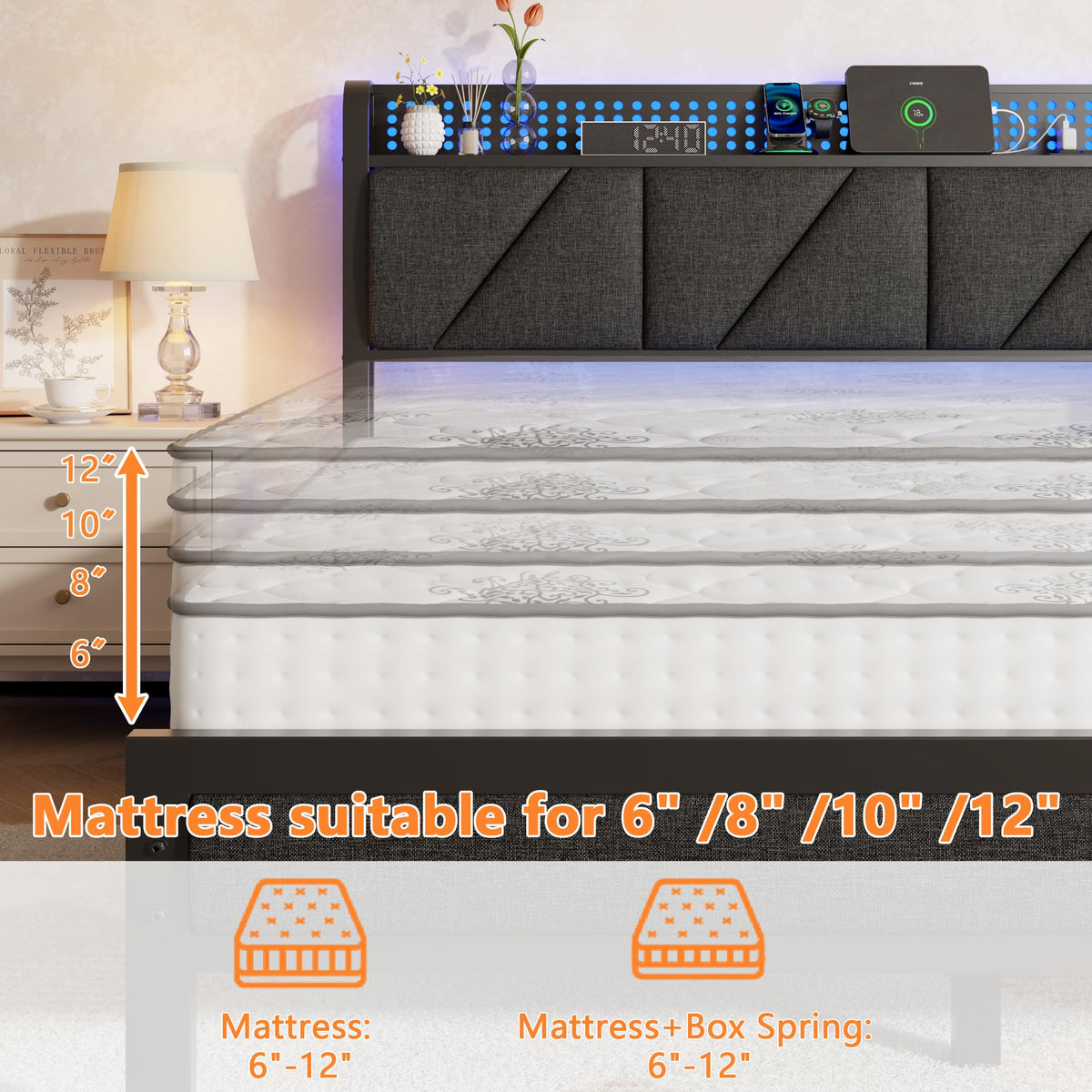 Full Size Bed Frame with Storage Shelf and Upholstered Headboard S90964