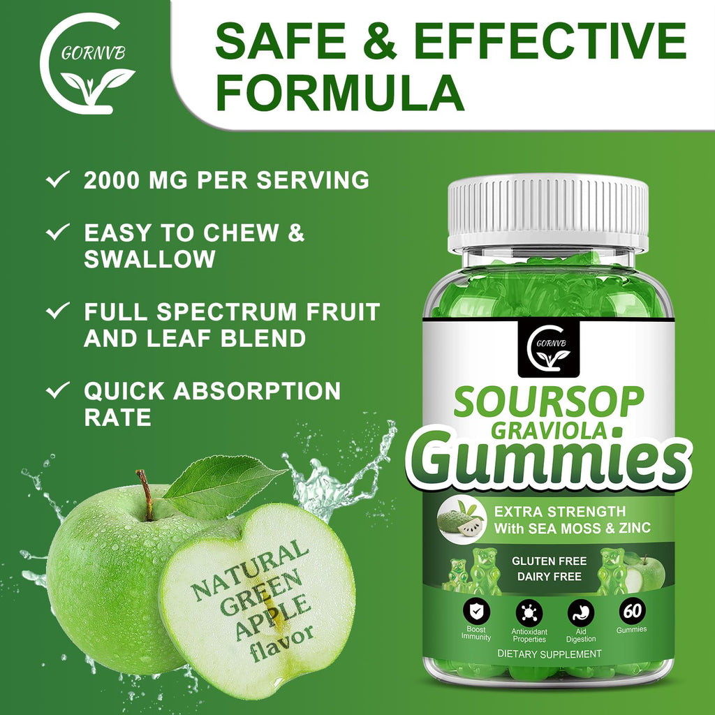 Organic Soursop Graviola Gummies 2200mg with Sea Moss Zinc Vitamin C 60 Gummies I900