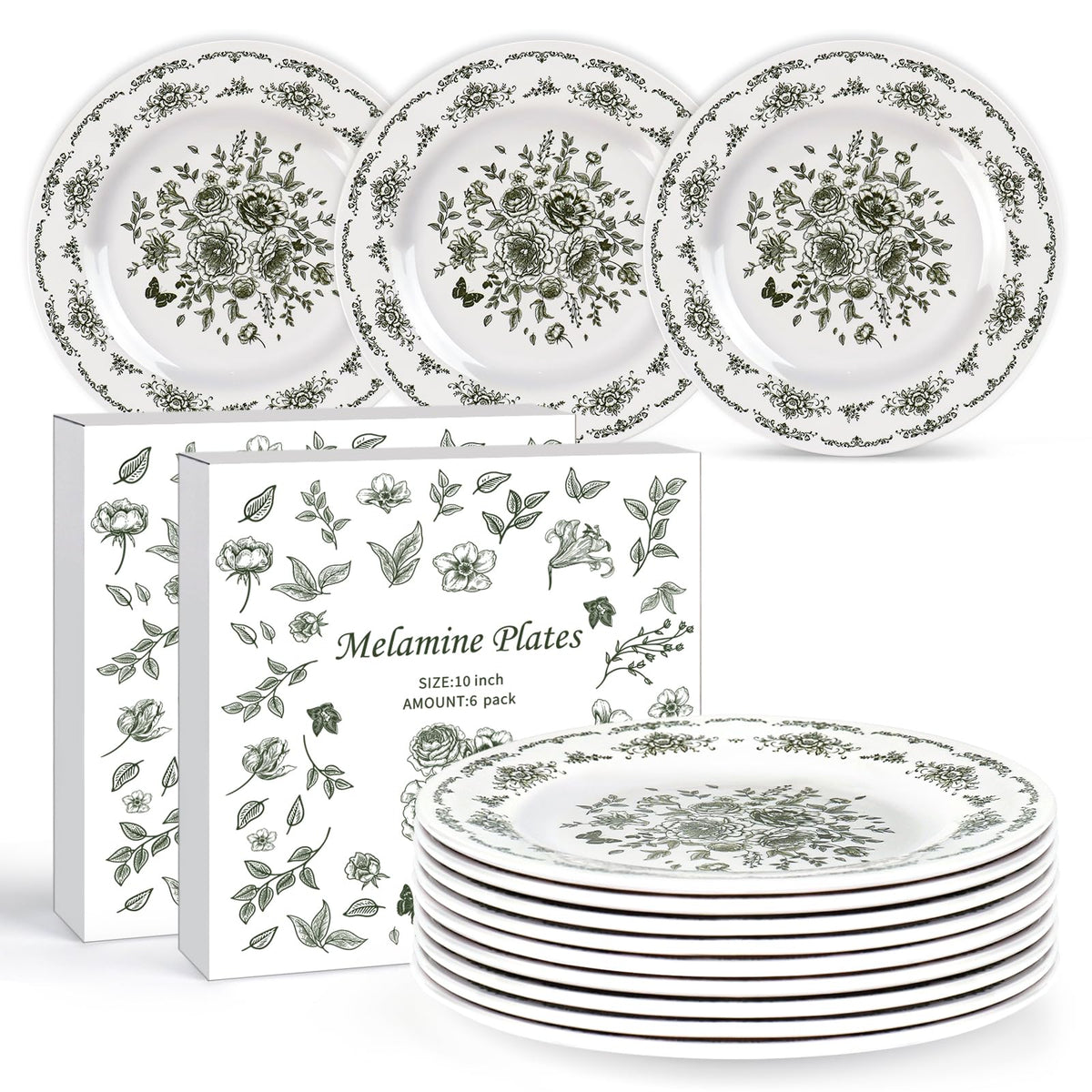 12 Piece 10 inch Green and White Floral Melamine Dinner Plates K1012