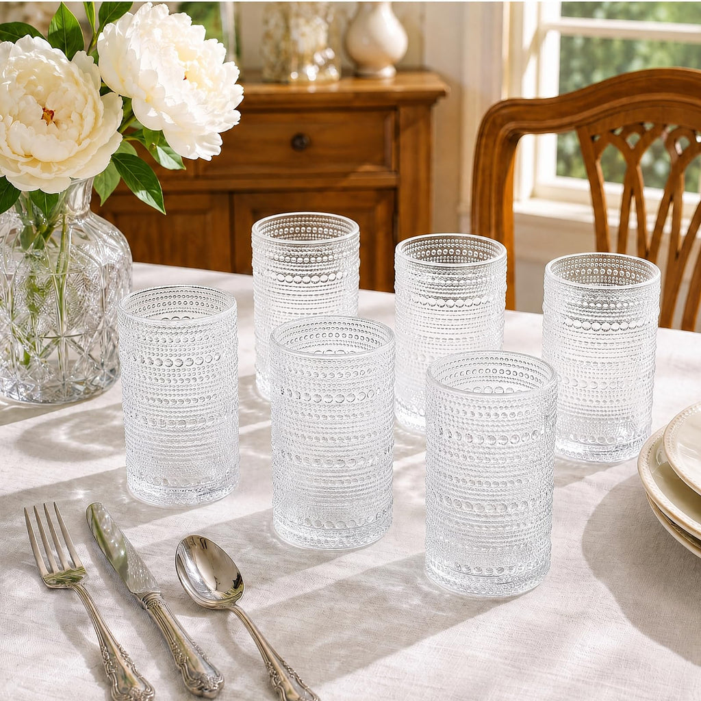 Set of 6 Vintage Hobnail Drinking Glasses, 13 oz Clear Embossed Glassware P7184