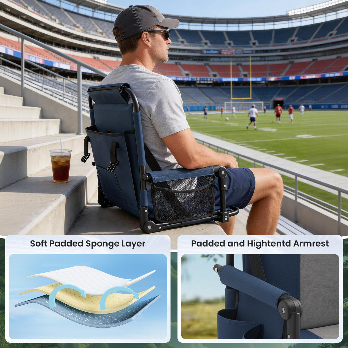 Portable Stadium Seat with Cup Holders & Armrests, Blue & Gray L428500