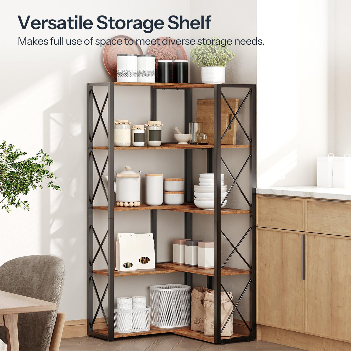 5-Tier Rustic Brown and Black Corner Bookshelf Z7917