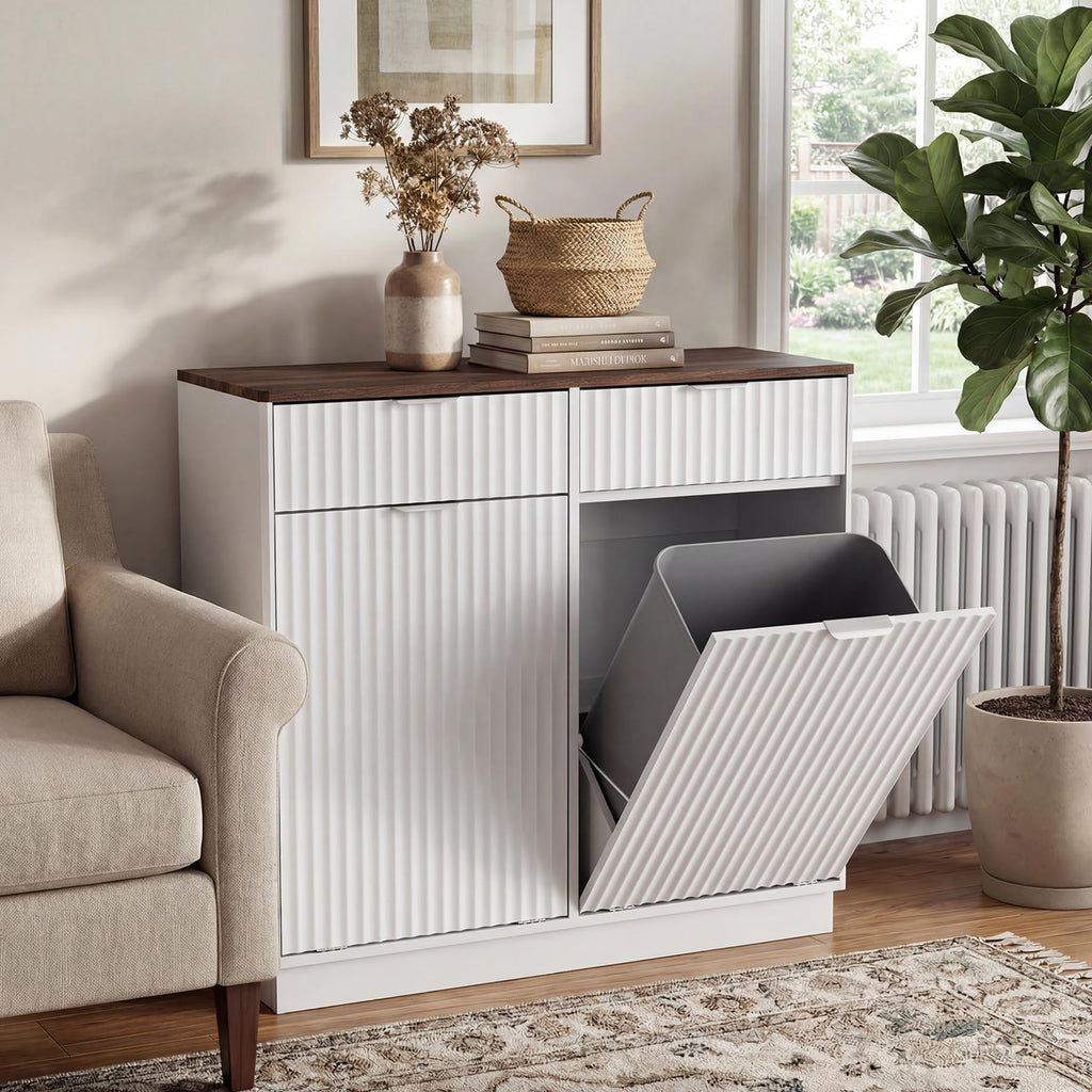 White Double Tilt Out Trash Can Cabinet C64819