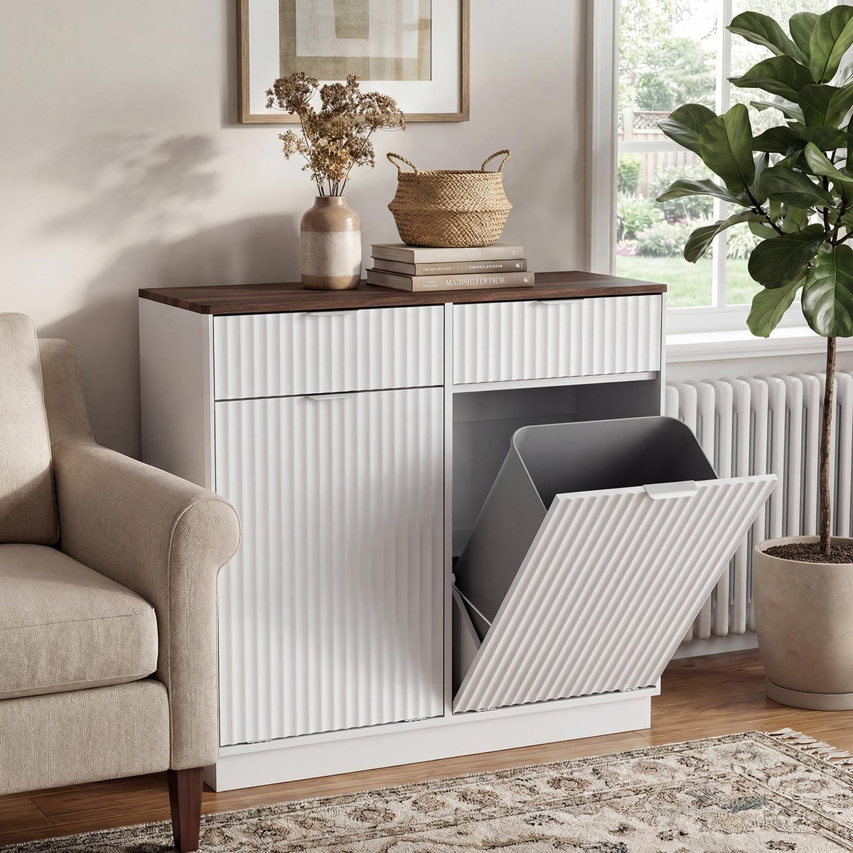 White Double Tilt Out Trash Can Cabinet C64819
