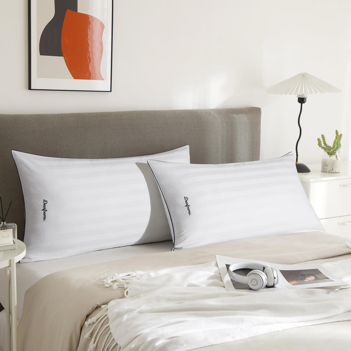 Set of 2 King Size Cotton Stripe Down Alternative Bed Pillows Z99700