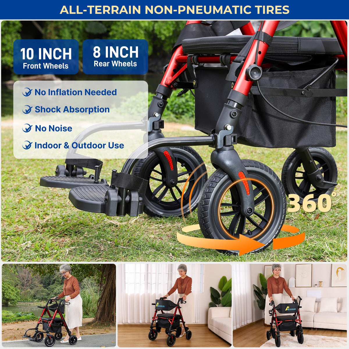 Foldable Rollator Walker with Seat, 2 in 1 Wheelchair Combo, Red F613582