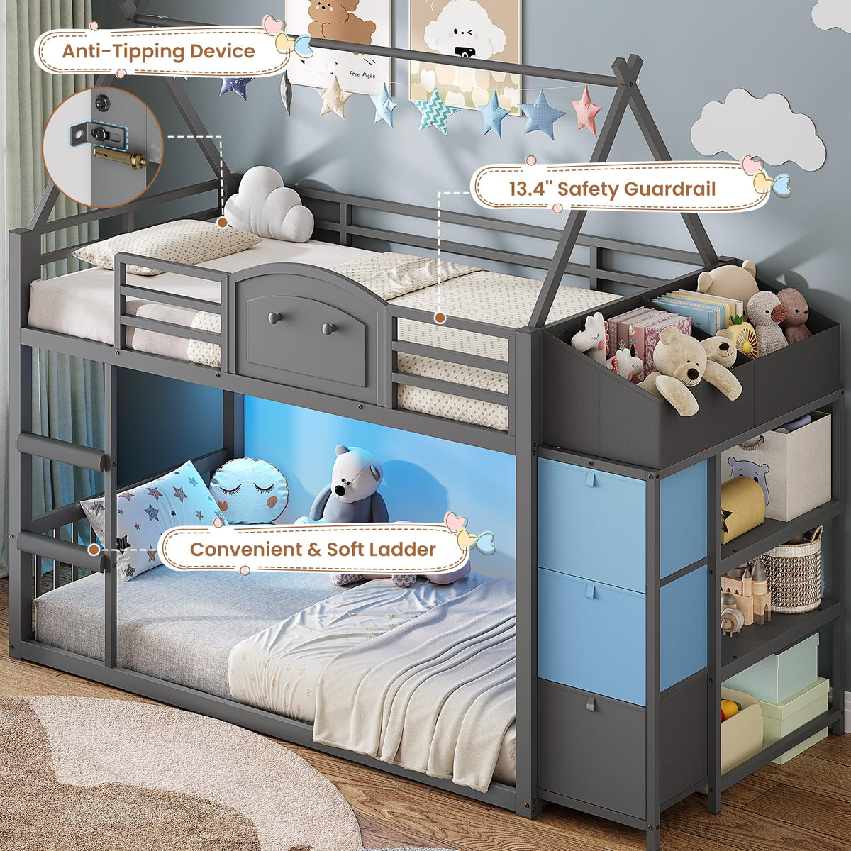 Twin Over Twin Bunk Bed with 3 Storage Drawers and Stairs E541