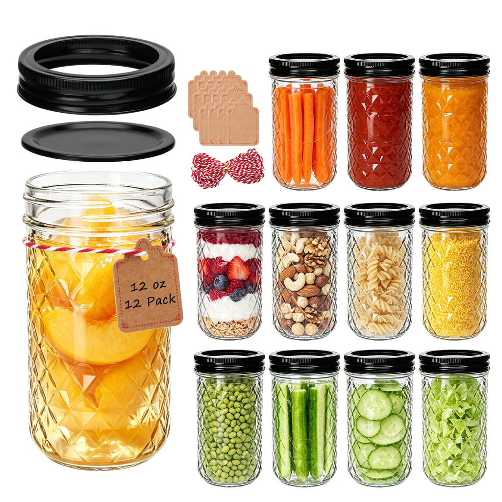 12 oz Mason Jars 12 Pack Regular Mouth Canning Jars with Black Lids E7160
