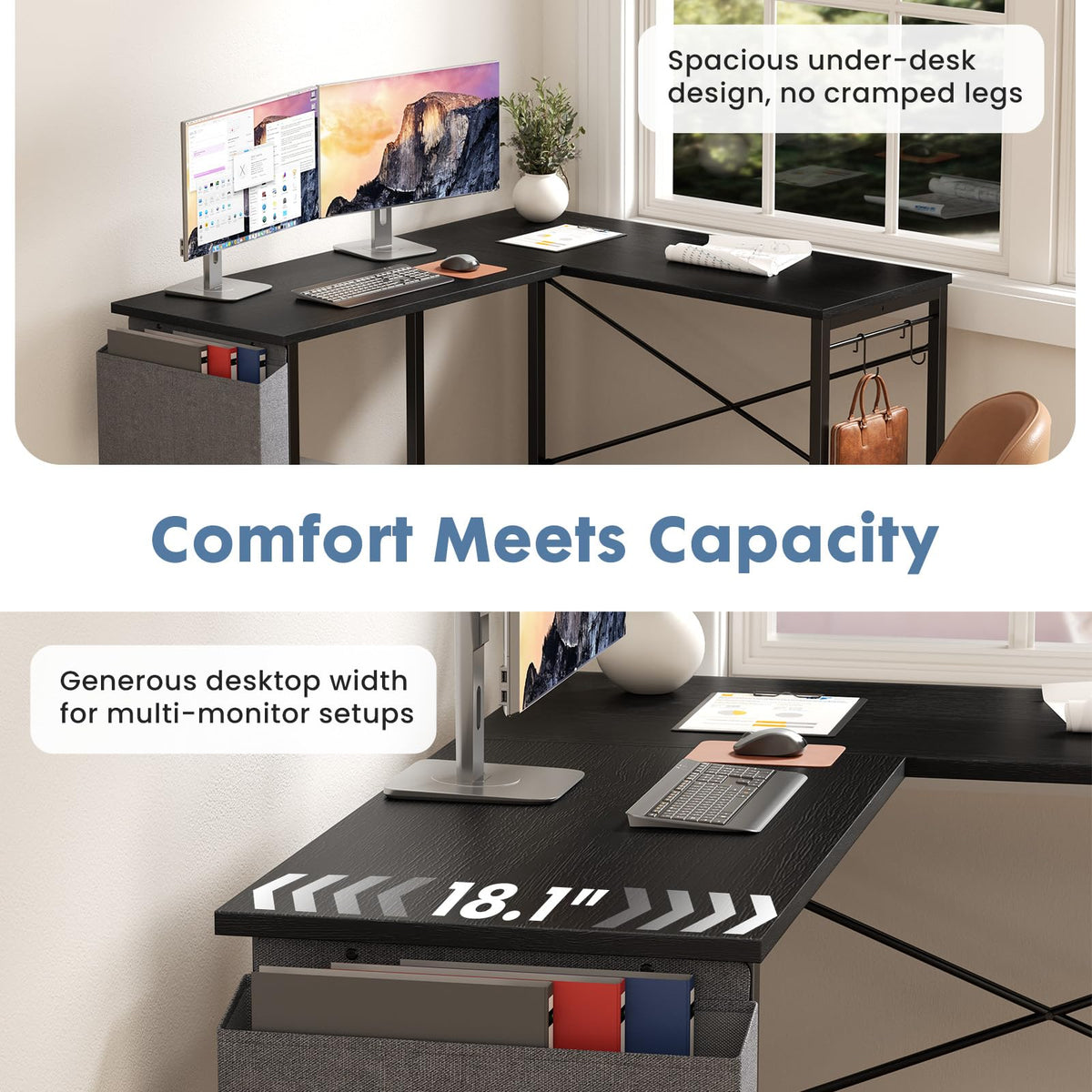 L Shaped Computer Corner Desk with PC Stand, Black P70456