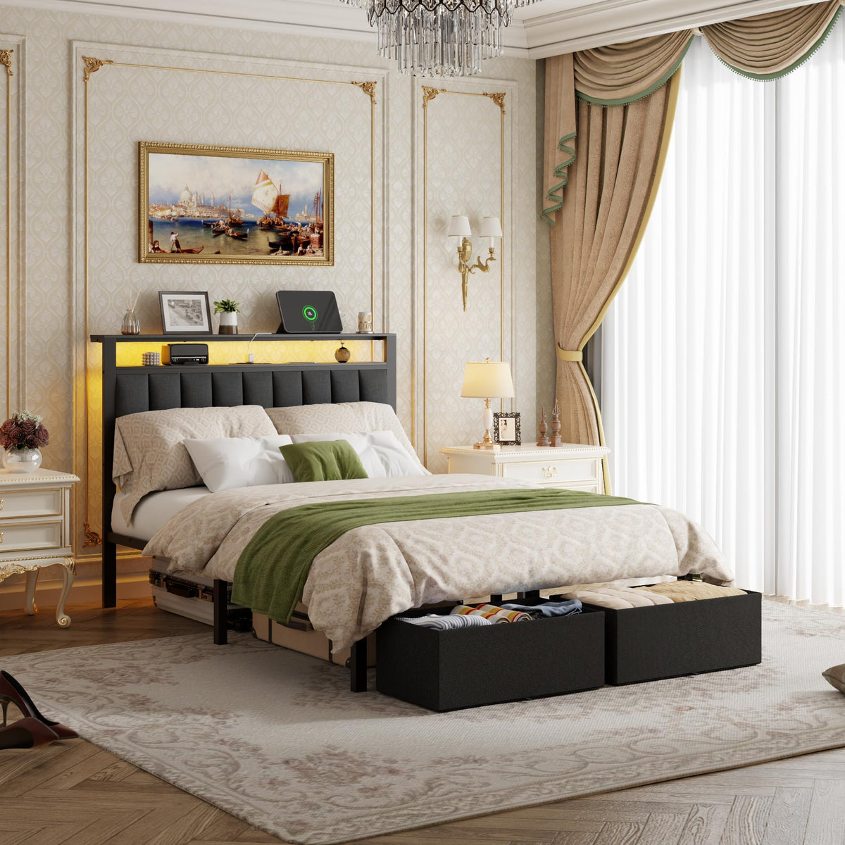 Full Size Bed Frame with Storage Drawers and Upholstered Headboard Y692758