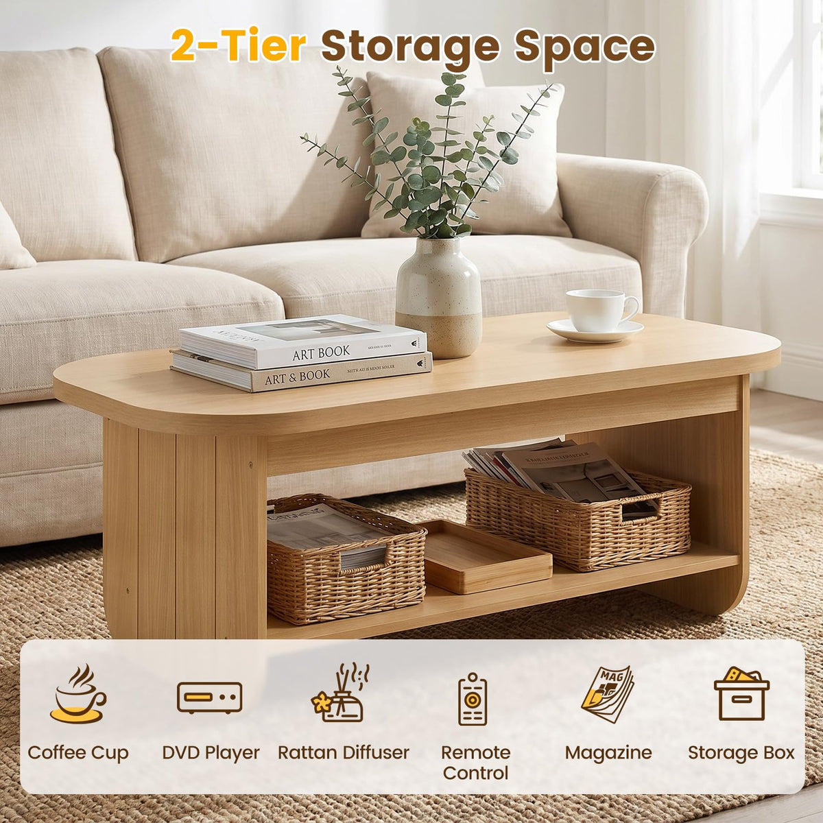 2-Tier Oval Coffee Table with Storage Shelf F89792