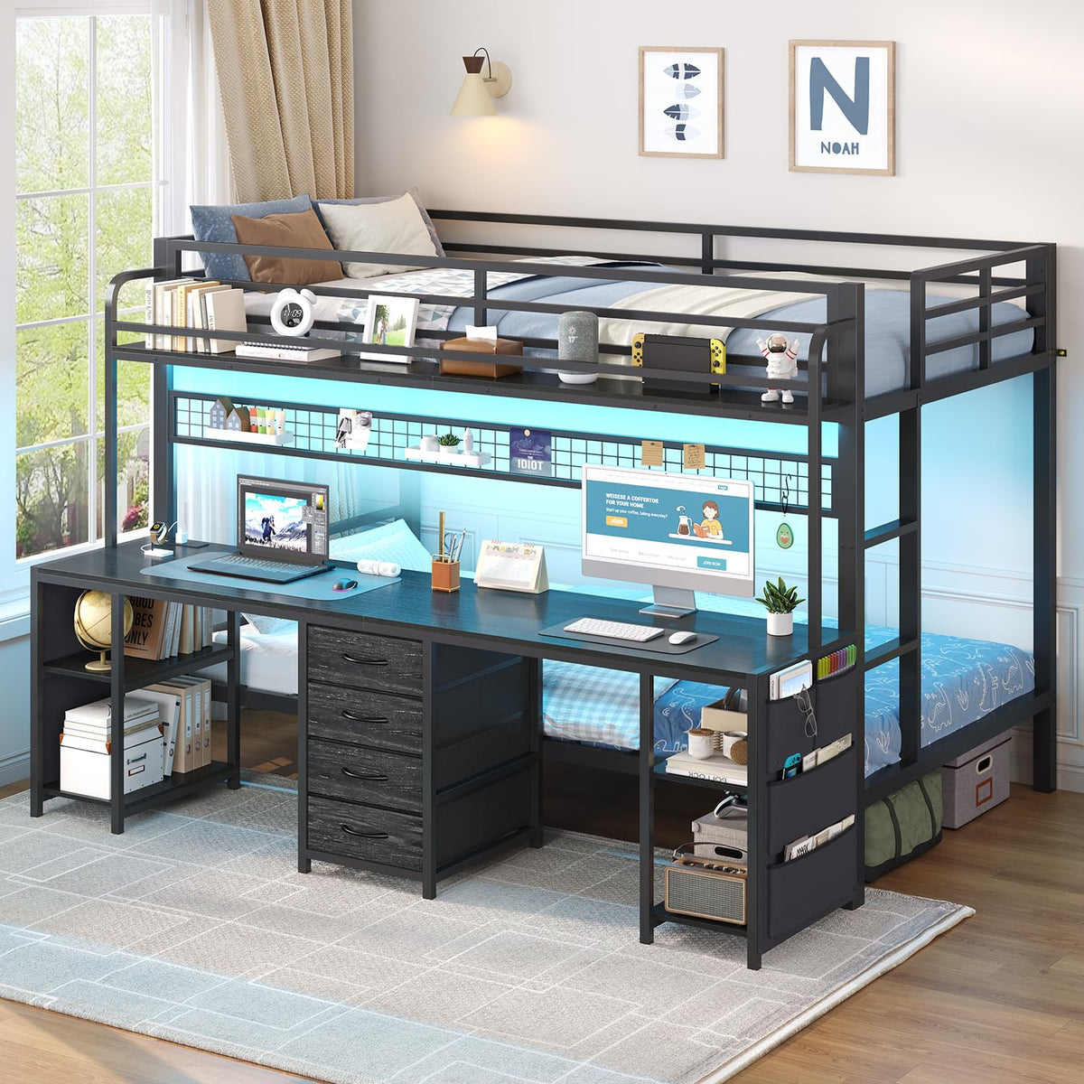 Twin Over Twin Bunk Bed with Desk and LED Lights V414773