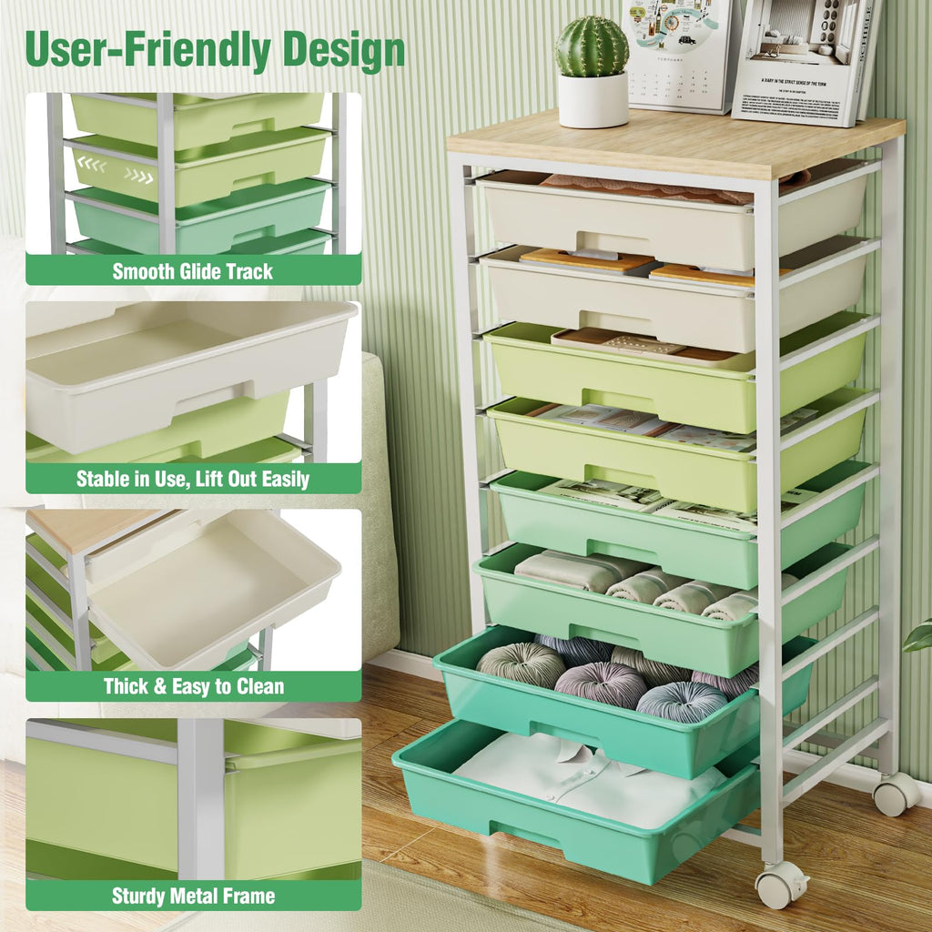 Rolling Storage Cart with 8 Drawers & Wooden Tabletop, Green, White Y36158