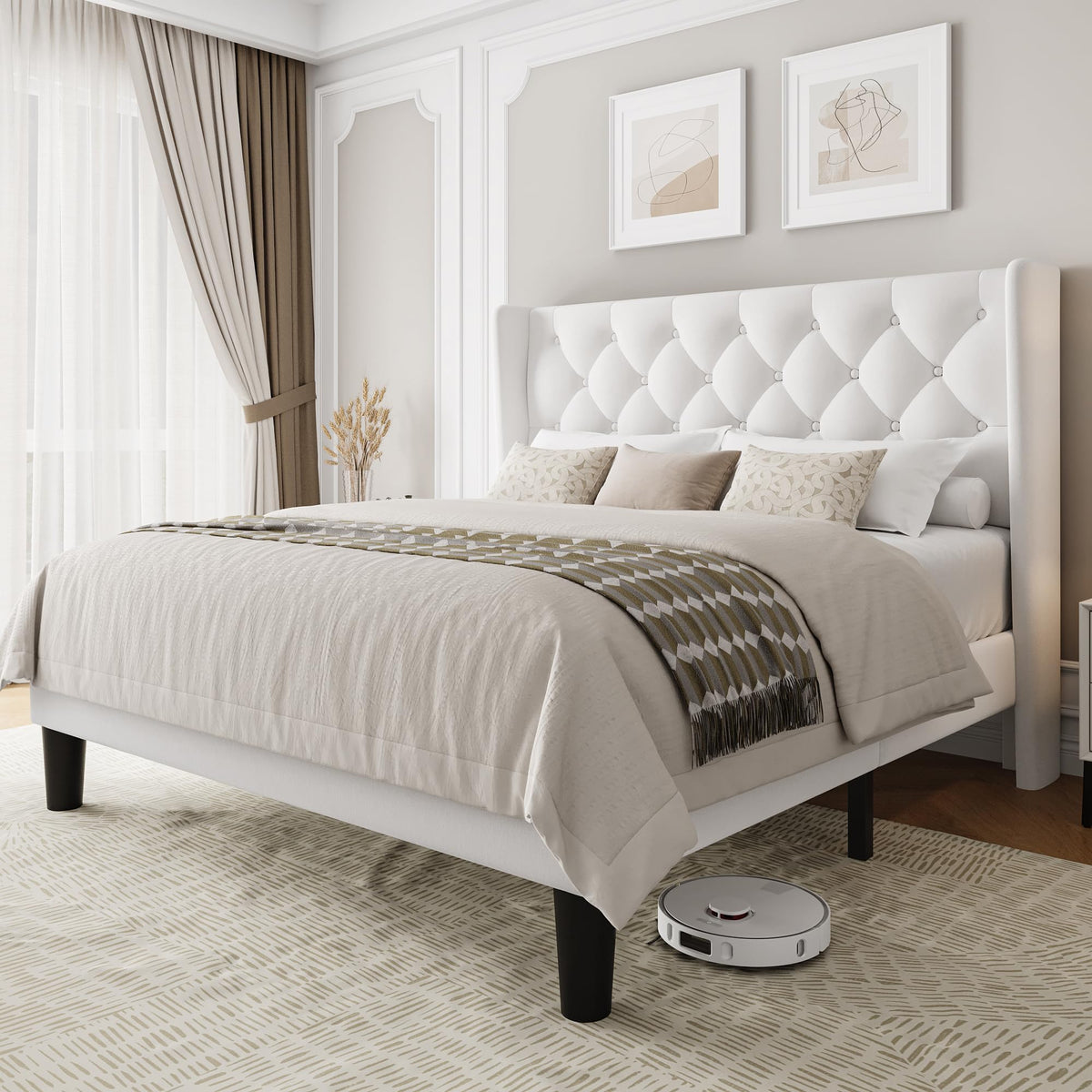 Queen Size Velvet Upholstered Platform Bed Frame with Wingback Headboard S27932