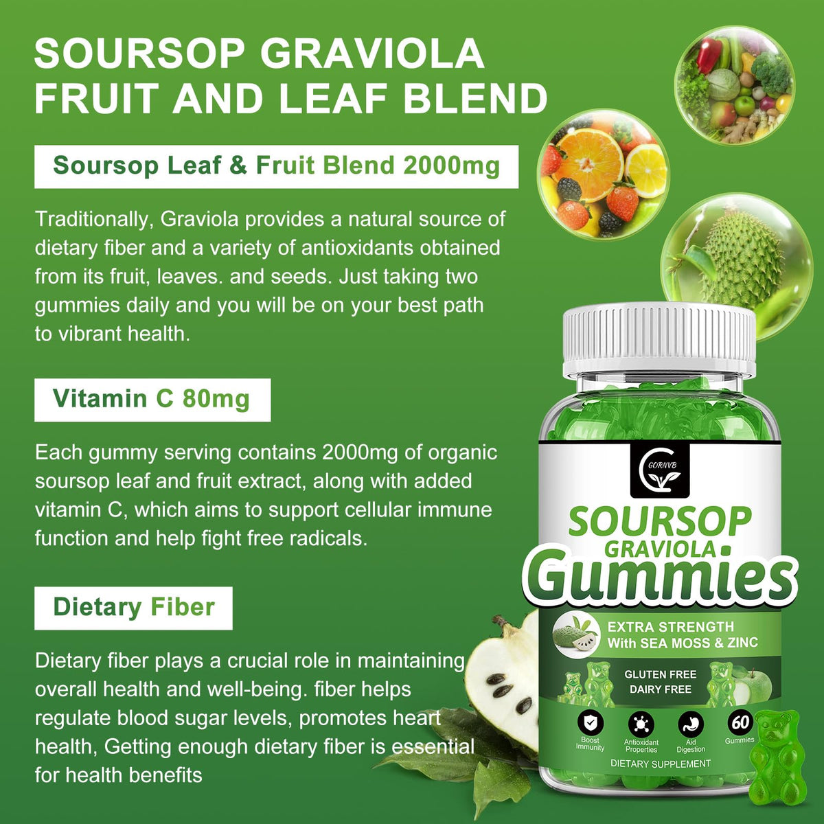 Organic Soursop Graviola Gummies 2200mg with Sea Moss Zinc Vitamin C 60 Gummies I900