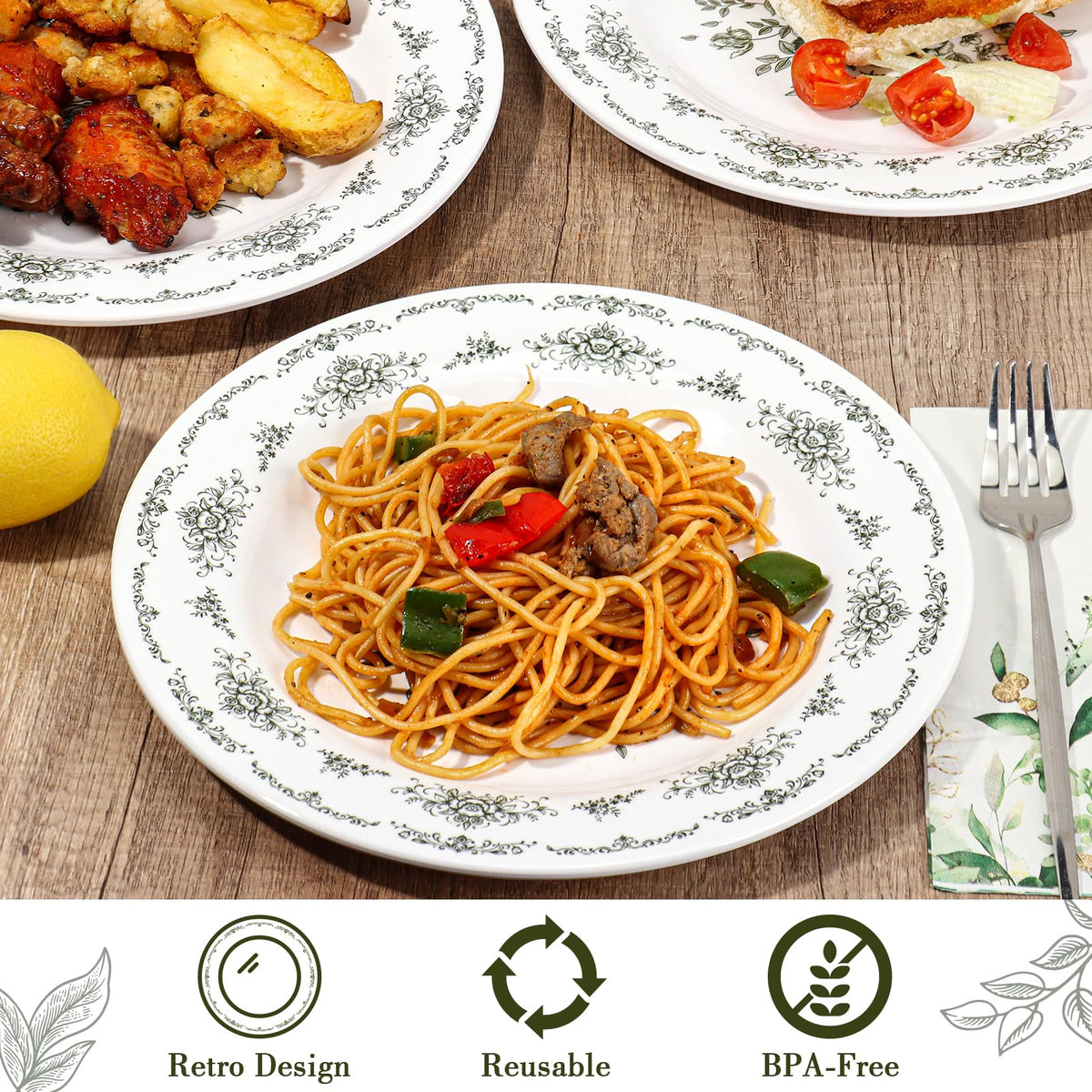12 Piece 10 inch Green and White Floral Melamine Dinner Plates K1012