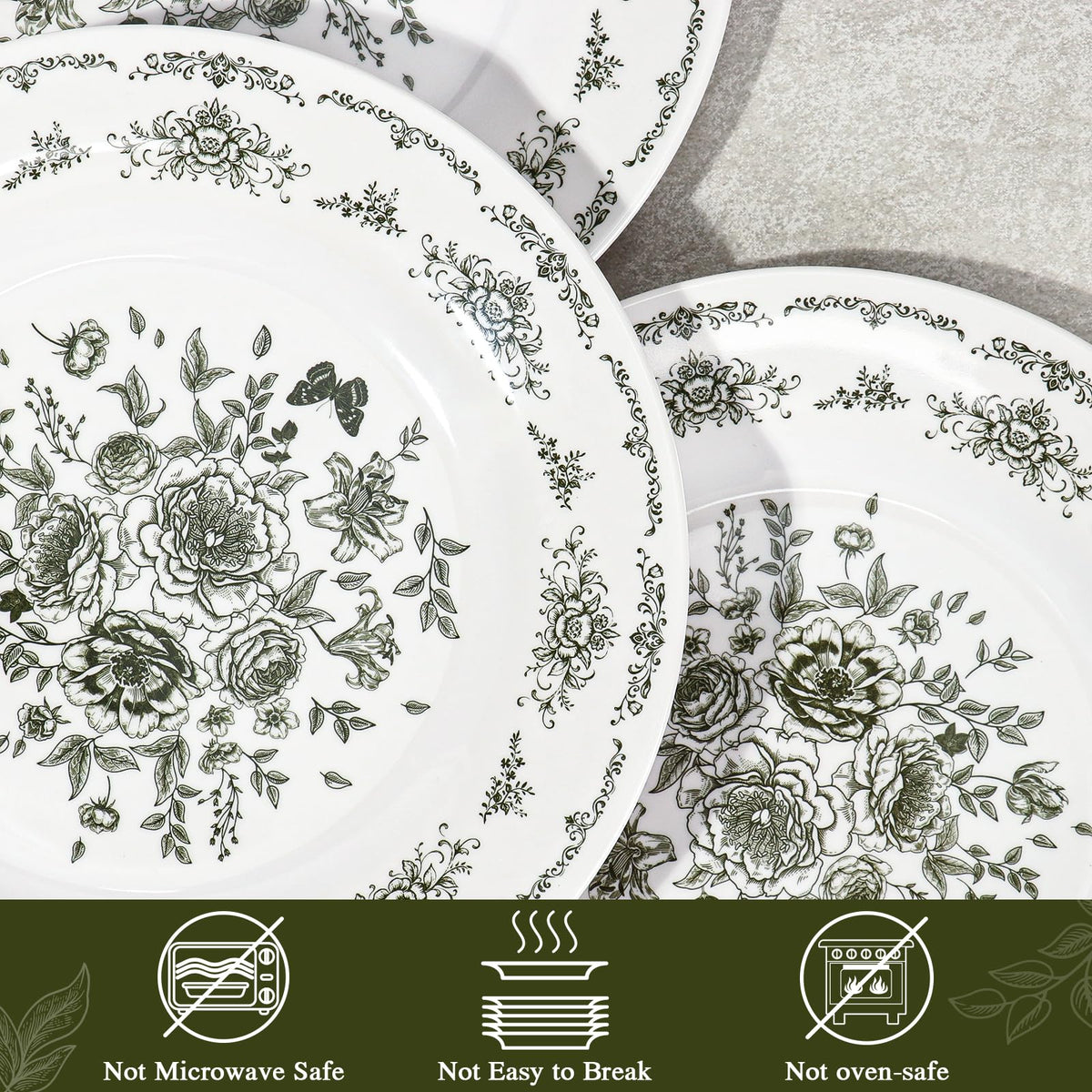 12 Piece 10 inch Green and White Floral Melamine Dinner Plates K1012