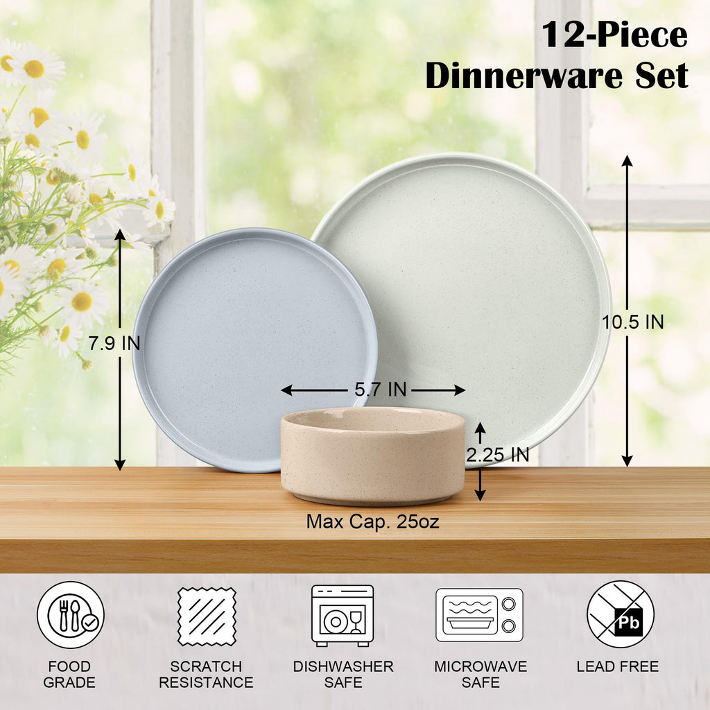Stoneware Dinnerware Set with Pasta Bowls, 12 Pc Plates and Bowls, 35 oz Ceramic Bowl, Microwave Safe, Speckled Multicolor U89694